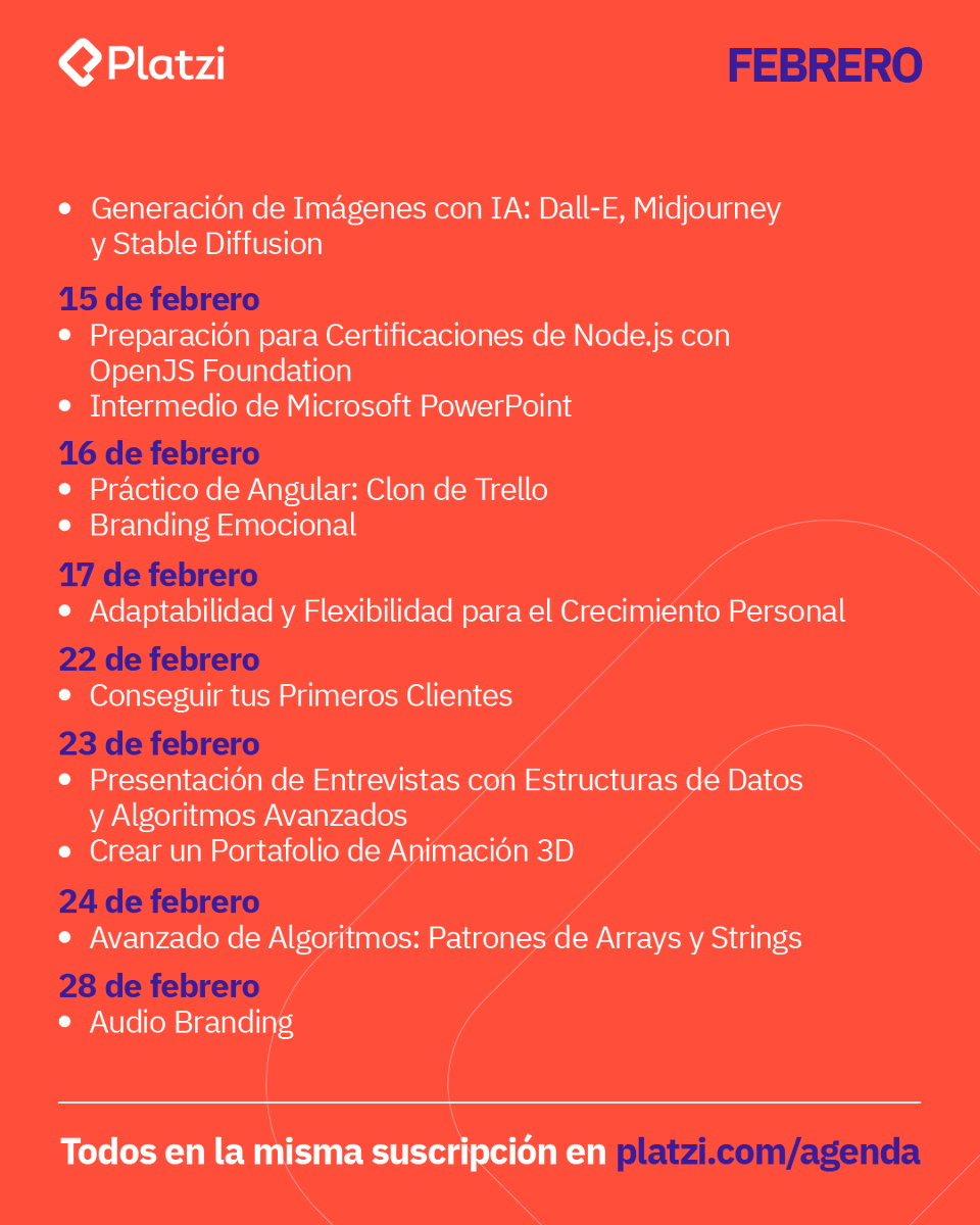 Más de 20 CURSOS NUEVOS para que sigas logrando tus metas.

Habilidades, herramientas y tecnologías para elevar tu profesión en el mundo digital.

Prográmate para aprender en: platzi.com/agenda/?utm_so…