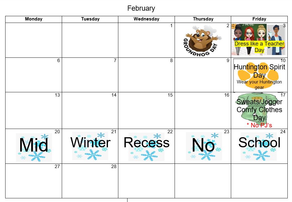HuntingtonPK-8School (@huntingtonscsd) on Twitter photo Here is the February 2023 calendar for Huntington School's "Spirit Fridays". Students participate on these special days, to show their school spirit and celebrate friendship and community here in school 🥰. Here is the February 2023 calendar for Huntington School's "Spirit Fridays". Students participate on these special days, to show their school spirit and celebrate friendship and community here in school 🥰.