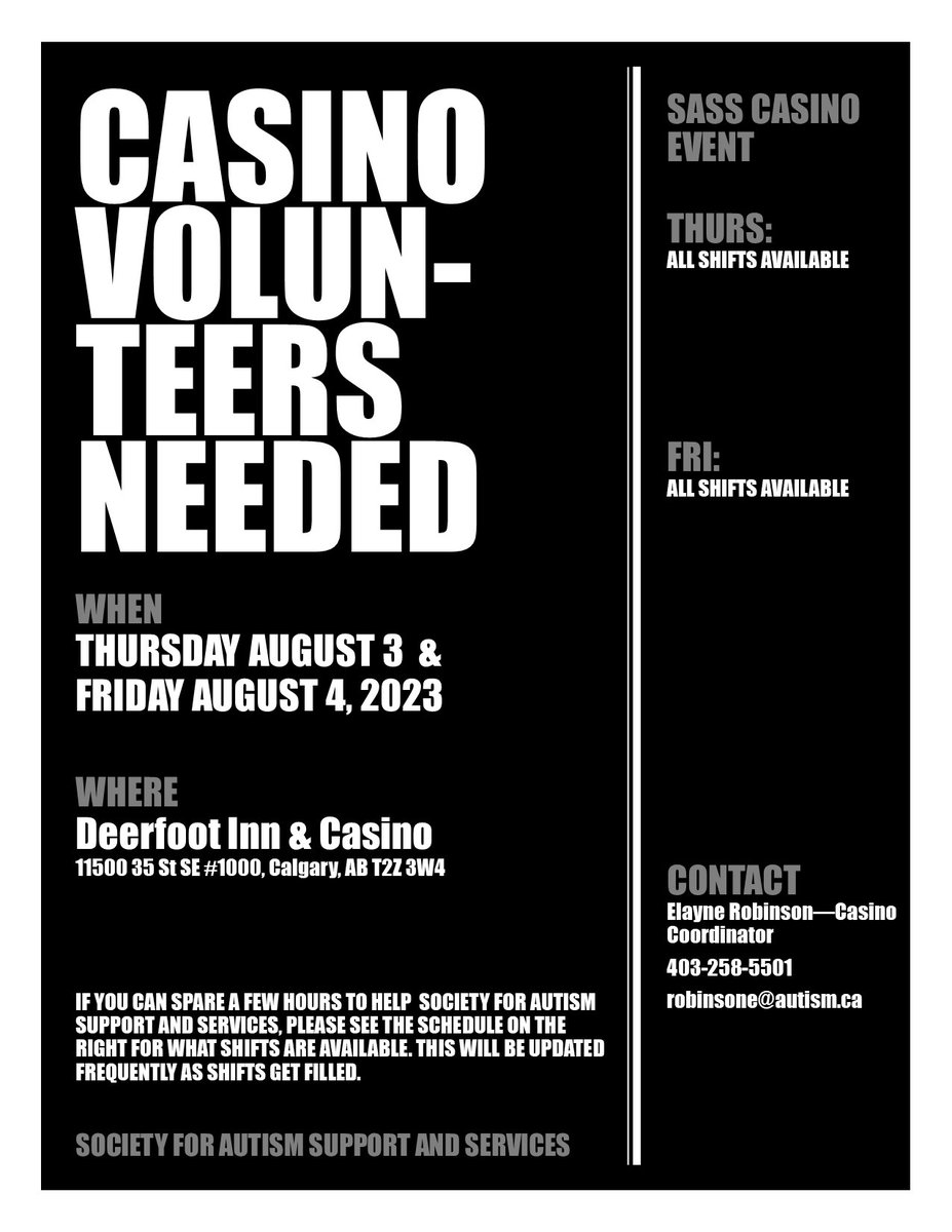 Autism_SASS's tweet photo. SASS is excited to have the #opportunity to benefit from a #CasinoEvent at Deerfoot Inn and Casino. The money raised supports programs at SASS. If you or anyone you know can #volunteer, please contact robinsone@autism.ca #enhancinglivesacrossthespectrum #programsupport https://t.co/cTnVtrixSD