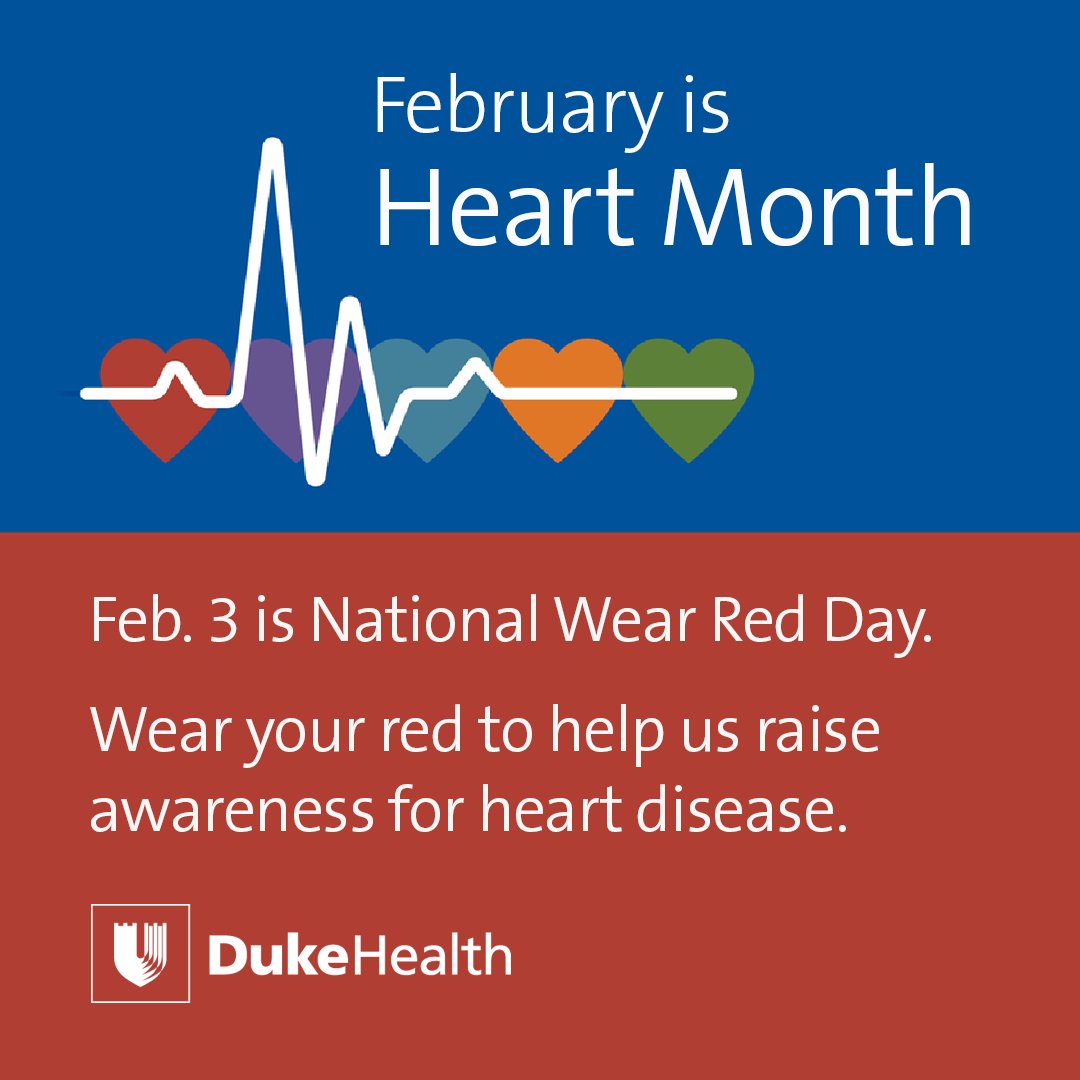 Please join us tomorrow in wearing red to show support to all those touched by cardiovascular disease. It's a simple way to spread the word & show you care! @dukehealth @dukemedicine @DukeHrtFailure @DukeSurgery @DukeRegional @DukeHospital @DukeRaleigh @manesh_patelMD @SvatiShah