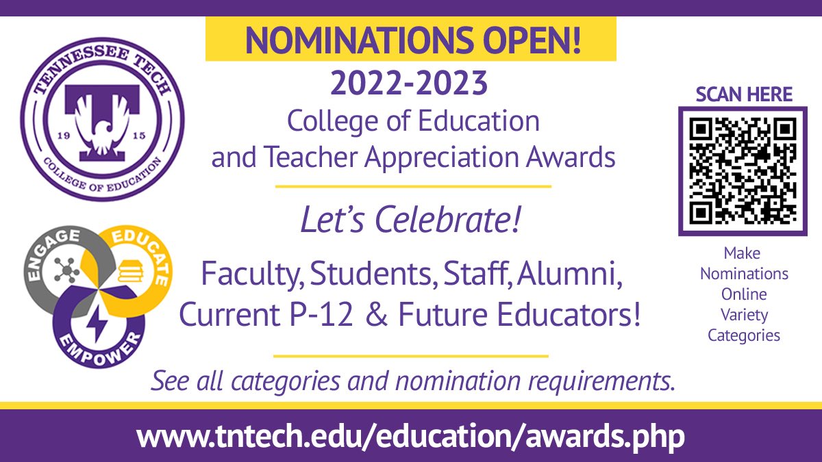 Nominations are open for Tech's 2023 College of Education and Teacher Appreciation Awards. Help celebrate our faculty, students, staff, teacher candidates, and regional P-12 partner educators. Please visit tntech.edu/education/awar… to make your nomination(s) online.