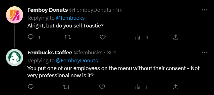 fembucks's tweet photo. @BetterCallFem @FemboyDonuts They put one of our employees on their menu without their consent and tried to run from it. https://t.co/CmPDhDE3Hr