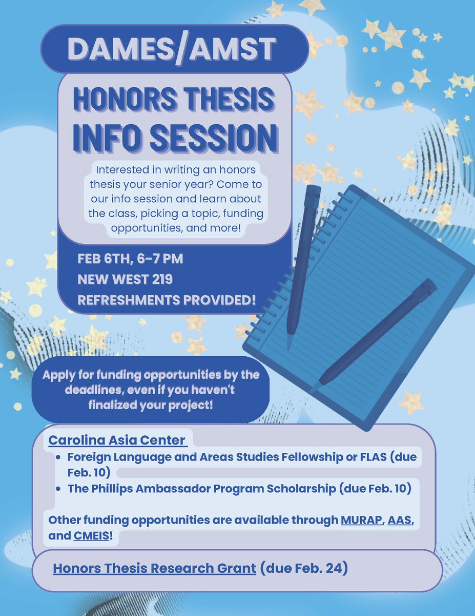 Please join us on 2/6 from 6-7pm in NW 219 for our honors thesis info session with @AMST_UNC!