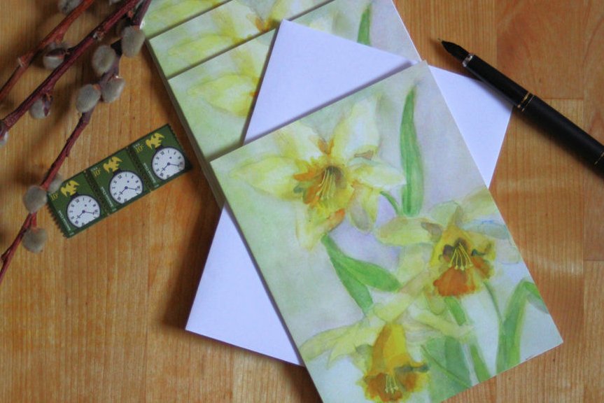 Daffodil Note Cards
#alloccasion #blank #cards #greetingcards #stationery #easter #spring #mail #letters #thinkingofyou #daffodil #watercolor #artcards #sendlove #valentines #TMTinsta #SMILEtt23 #shopsmall #shopsmallbusiness #SupportSmallBusinesses 

etsy.com/SycamoreWoodSt…