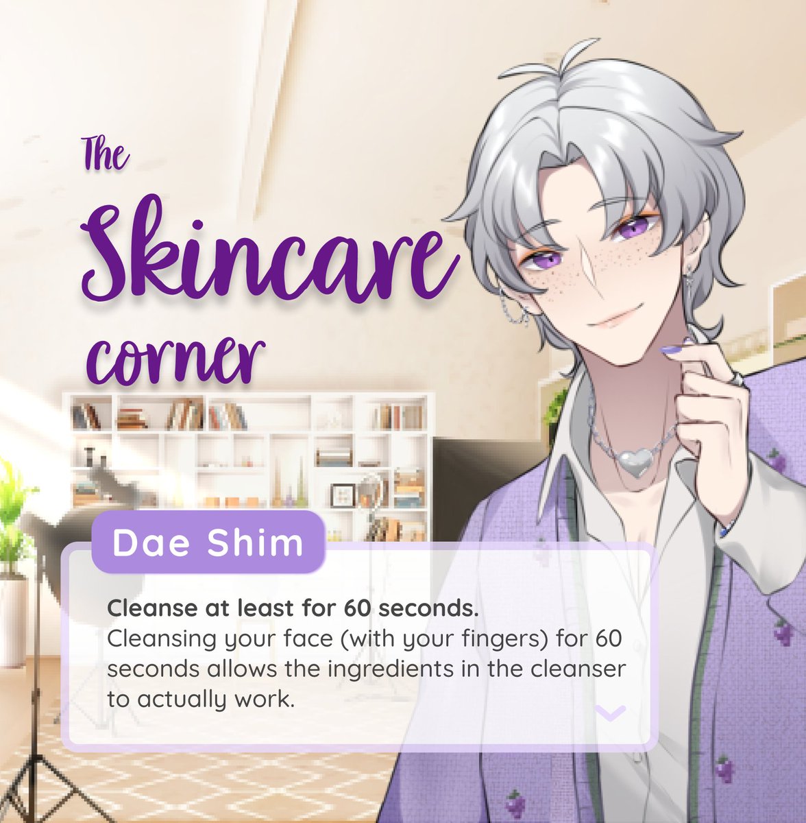 WheresTess's tweet photo. Check the last skincare tip that Dae Shim has prepared for us. 💜✨

#wherestess #travel #otome #otomegame #visualnovel #tokyo #skincare https://t.co/UfOpiQbDxE