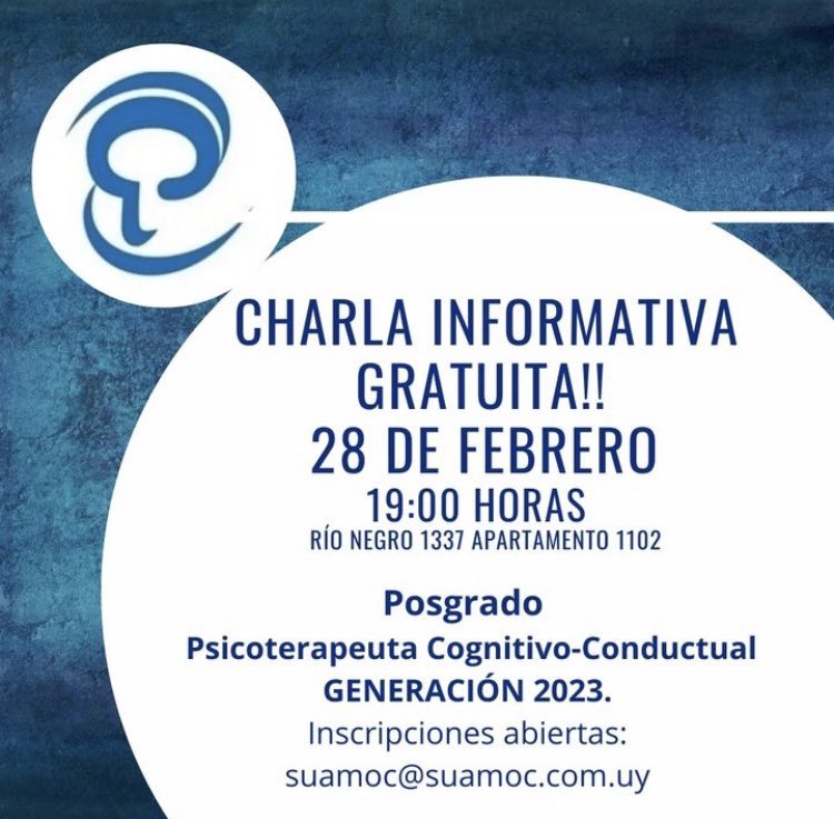 suamoc_uruguay's tweet photo. #Suamoc te invita para el 28 de febrero ⏰ 19:00 hs. a la charla lanzamiento de su curso de formación #TCC
➡️ Nos gustaría mucho que vinieras a conocer nuestra sede y conversar sobre nuestros cursos.
📍Te esperamos en Río Negro 1337 apto. 1102
🗓️suamoc@suamoc.com.uy https://t.co/4jDhzdlcqj