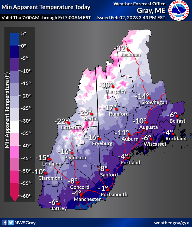 Temps start rapidly falling after midnight tonight as the arctic front passes through the area. With wind chills remaining below zero through Sat, both ME and NH have warming shelters set up across the states. #NHwx #MEwx

NH: tinyurl.com/yx23res8

ME: tinyurl.com/yy62x3ax