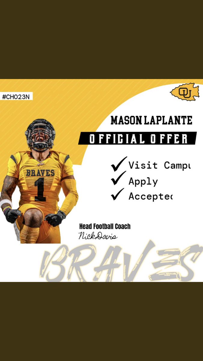 After an excellent conversation with <a href="/CoachHennes/">Tyler Hennes</a>, I am more than honoured to announce that I have received my first official football offer from <a href="/OttawaBravesFB/">Ottawa Braves Football</a>! Thank you to everyone who believed in me! <a href="/CoachTchidaGFH/">Coda Tchida, M.ED Leadership</a> @CoachPepion_GFH <a href="/FallsBison/">Great Falls High Bison Football</a> <a href="/CoachNickDavis/">Nick Davis</a>