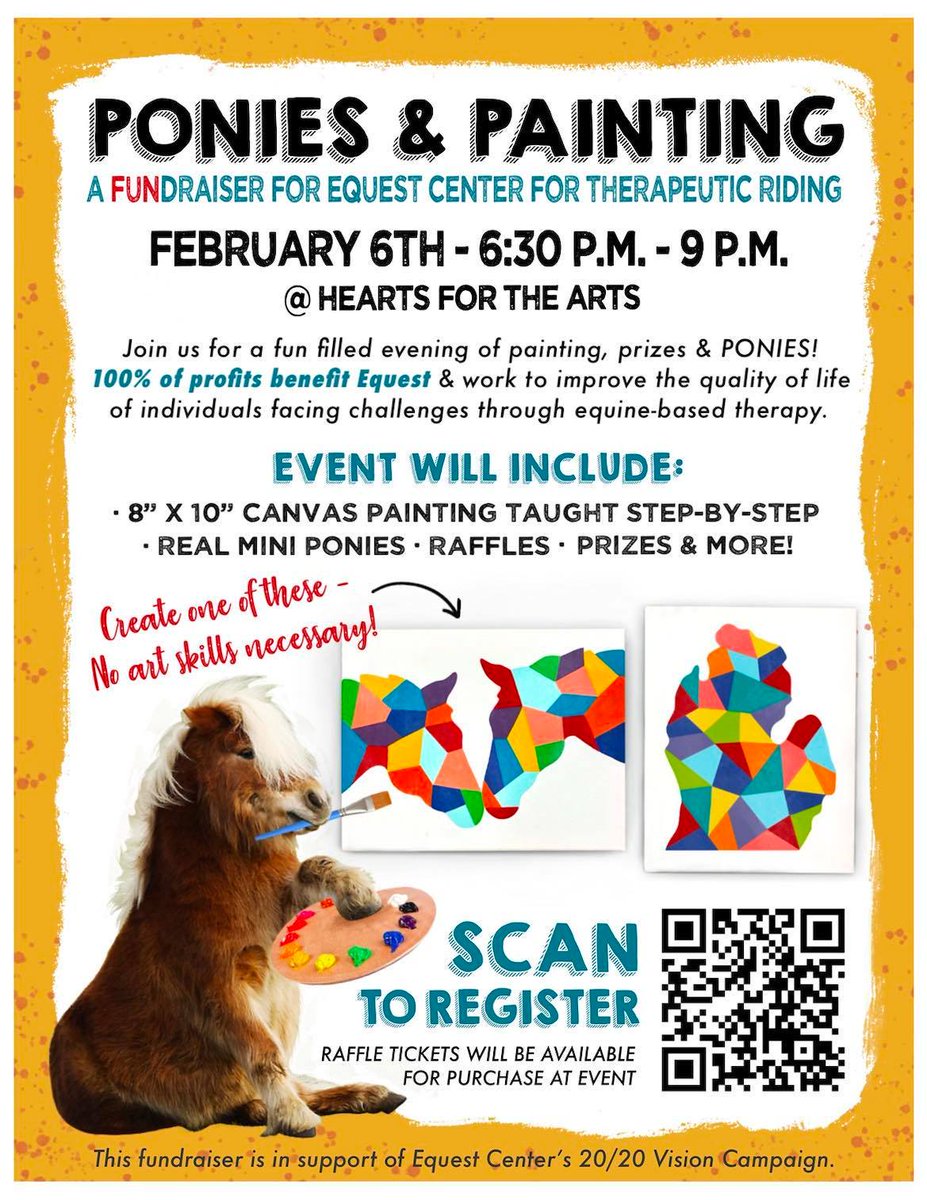 EQ4TR's tweet photo. JUST 4 DAYS AWAY and Only 4 spots left at the “Ponies &amp; Painting” fundraiser Hosted by HEARTS FOR THE ARTS, to benefit @EQTR on Feb. 6th! To sign up and support this great form of therapy, visit: https://t.co/NeFhrR5yac
@LillyKathy #EquineTHERAPY https://t.co/AfExsAlfRg