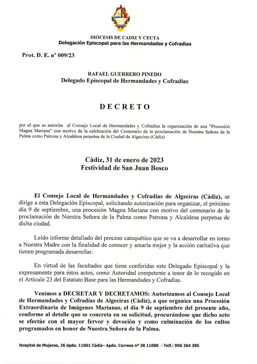 consejolocalalg's tweet photo. COMUNICADO OFICIAL - La Permanente del Consejo Local de HH CC de Algeciras comunica que el Obispado de Cadiz y Ceuta y en su nombre el Delegado Episcopal en decreto de fecha de 31 de Enero ha autorizado la organización de una Procesión Magna Mariana para el día 9 de Septiembre. https://t.co/9crBphsBWV