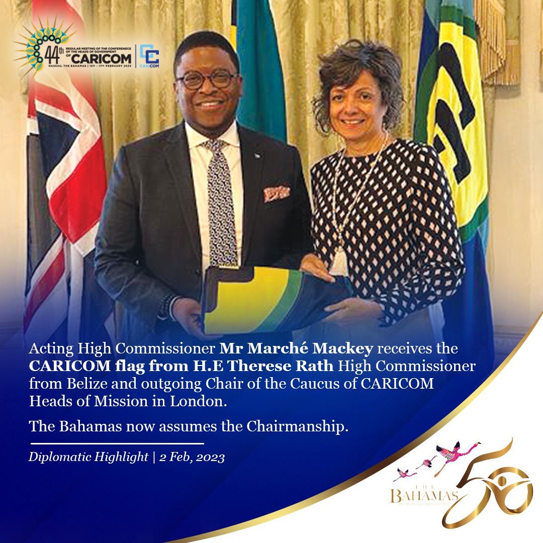 With The Bahamas assuming chairmanship of CARICOM, Acting High Commissioner in London Mr. Marchè Mackey has also assumed chairmanship of the Caucus CARICOM Heads of Mission in London.