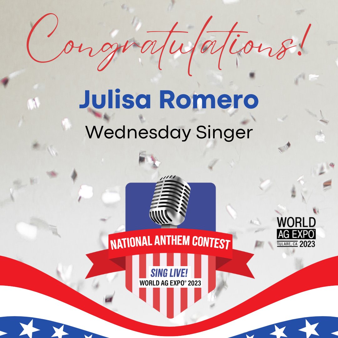 AgVenturesIAC's tweet photo. Congratulations to Julisa Romero! She will sing the National Anthem live at @WorldAgExpo® on Wednesday, February 15. To hear her sing, make sure to be on the show grounds by 9:00 a.m. #WAE23 #worldagexpo #NationalAnthem #winner #congratulations https://t.co/rFonsITGEi