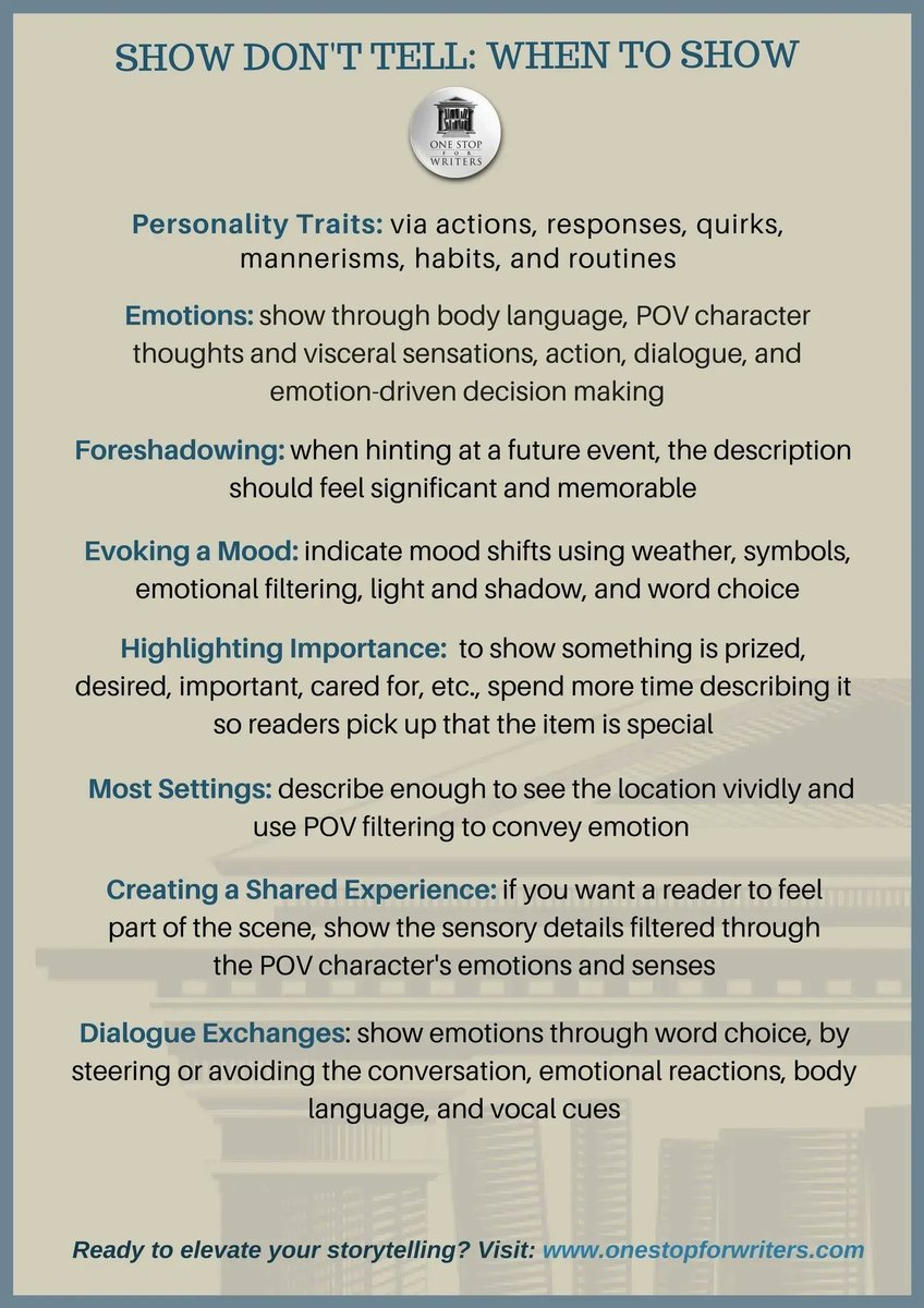 WriterThesaurus's tweet image. You've been told to show and not tell, so when do you show? This tip sheet is handy - download it here: buff.ly/39iUWok #writing #amwriting *