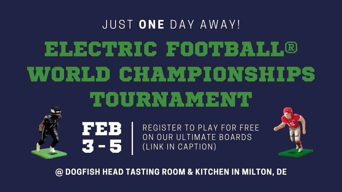 TudorGames's tweet photo. We are just ONE DAY AWAY from the Electric Football® World Championships Tournament with Dogfish Head in Milton, DE. If you haven't already, sign up to play on our ULTIMATE boards in the link below to claim your spot as a coach. 🏈
DETAILS: https://t.co/JBY9gcTDKo https://t.co/9gh4W8OYjQ