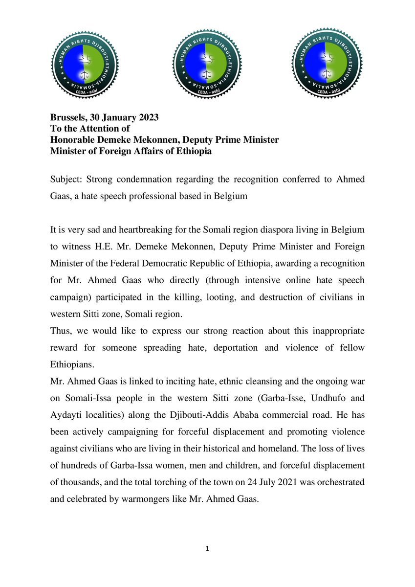 ElmiYabeh's tweet photo. Recently, Demeke Mekonnen, Ethiopia's Minister of Foreign Affairs has given an award to an hate speech professional based in Belgium who appeal regularly for #Sitti people massacres & upheaval in #Djibouti. Here a letter of complaint. https://t.co/T2wXbXmRXK