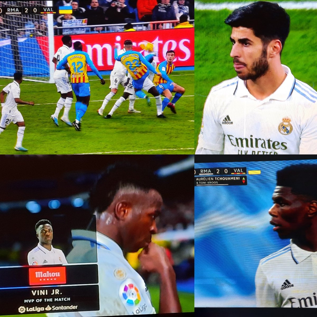 XavBarretFoot's tweet photo. Le #RealMadrid reste à 5points du #Barça dans #LaLiga après sa facile victoire 2-0 (Marco Asensio, Vinicius) sur un médiocre Valence. #Benzema est sorti blessé, Tchouameni à effectué son retour en compet #RMAVAL #RMAVCF #RealMadridValencia https://t.co/74vFYq9w0d