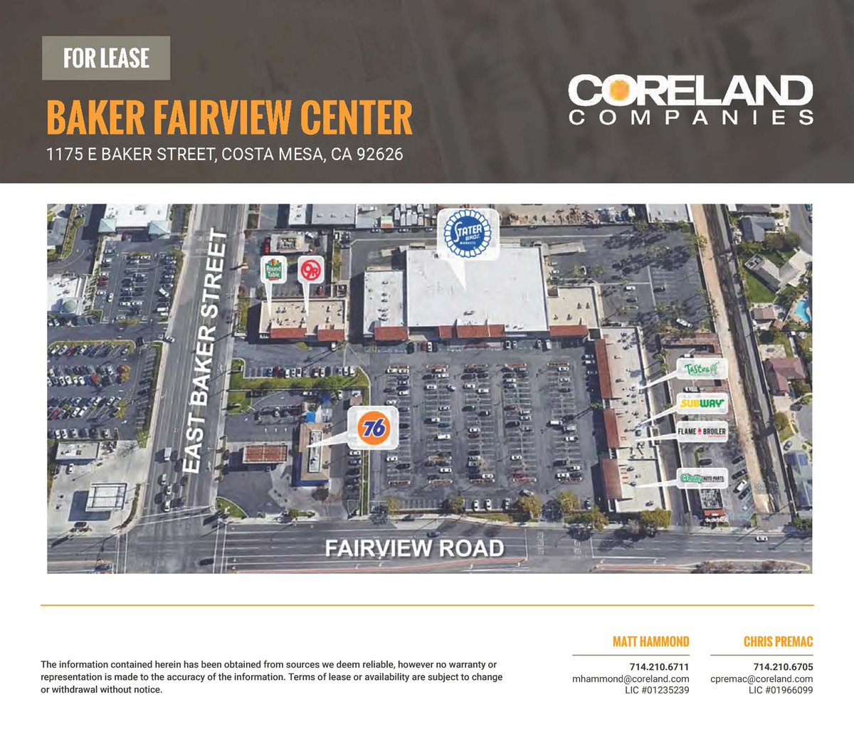 Last space available in Baker Fairview Center. Well-maintained grocery-anchored center in the heart of the Costa Mesa trade area. Close proximity to 405, 55 Freeways and 73 Toll Road.

Connect with us for more info.
lnkd.in/gZtJ4prd

#commercialrealesate #commercialleasing