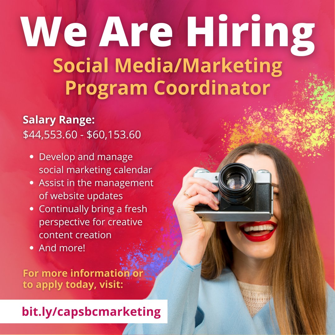 Don't let the opportunity pass by! CAPSBC is looking to #hire a Social Media/Marketing Program Coordinator to help promote the amazing work being done at the agency. If you are interested, apply today at: bit.ly/capsbcmarketing