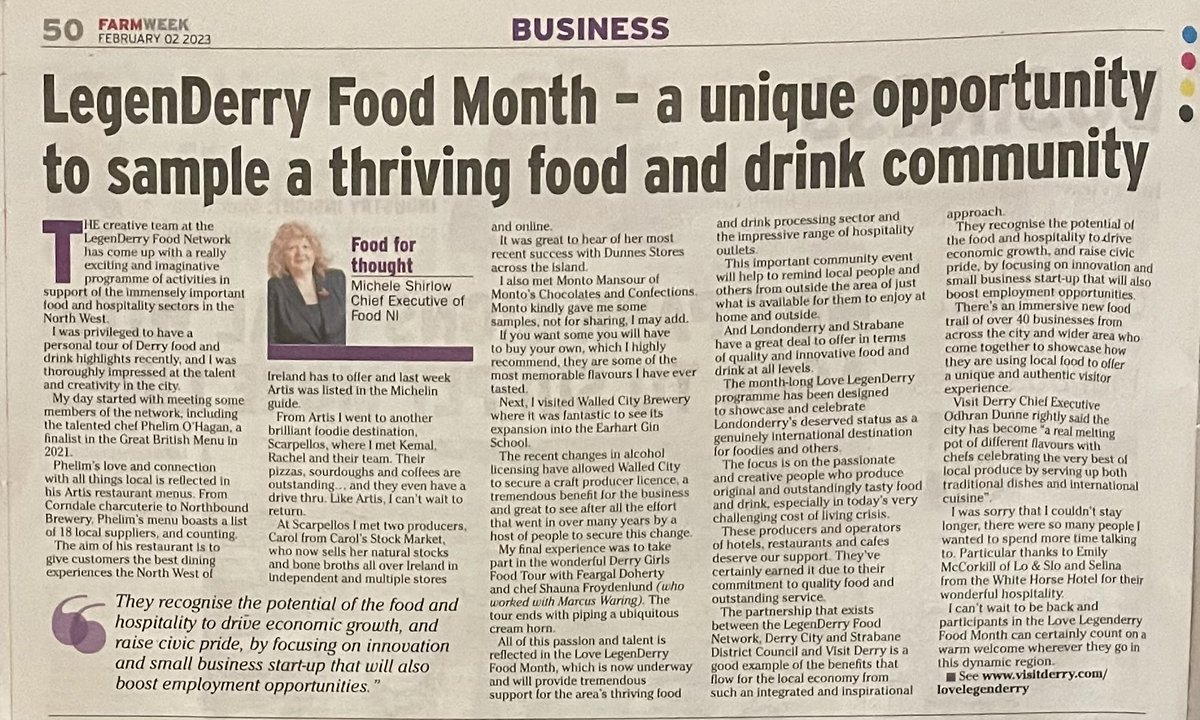 ⁦@Farm_Week⁩ ⁦@MicheleShirlow⁩ ⁦@Food_NI⁩ urges readers to support LegenDerry Food Month @londonderry #lovelocalinnovation