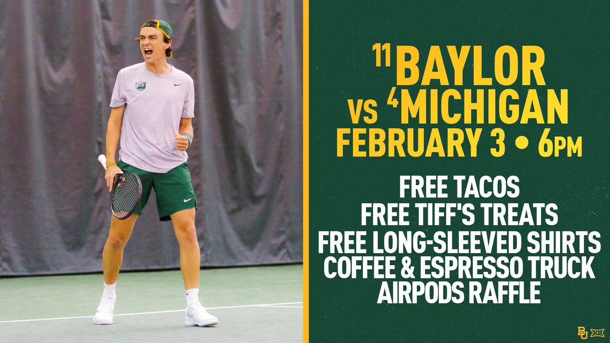 MWoodsonBUMT's tweet photo. The home schedule continues for @BaylorMTennis with this barn burner. Come have some fun with their Bears! You make the difference 🐻🛶 #SicMichigan #CarryTheBoats
@BaylorAthletics @Baylor @WTAPlayTennis @BaylorATO @BaylorBearPit @BarstoolSicEm https://t.co/NWuVmuQxrv