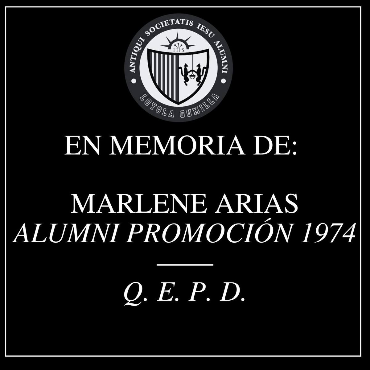 Nos unimos al duelo por el fallecimiento de Marlene Arias, egresada del Colegio🖤🤲🏻, quien falleció el #31ene de 2023.

Unidos en oración con sus seres queridos, especialmente con su familia, amigos y compañeros de la promoción de 1974 🙏🏼.
