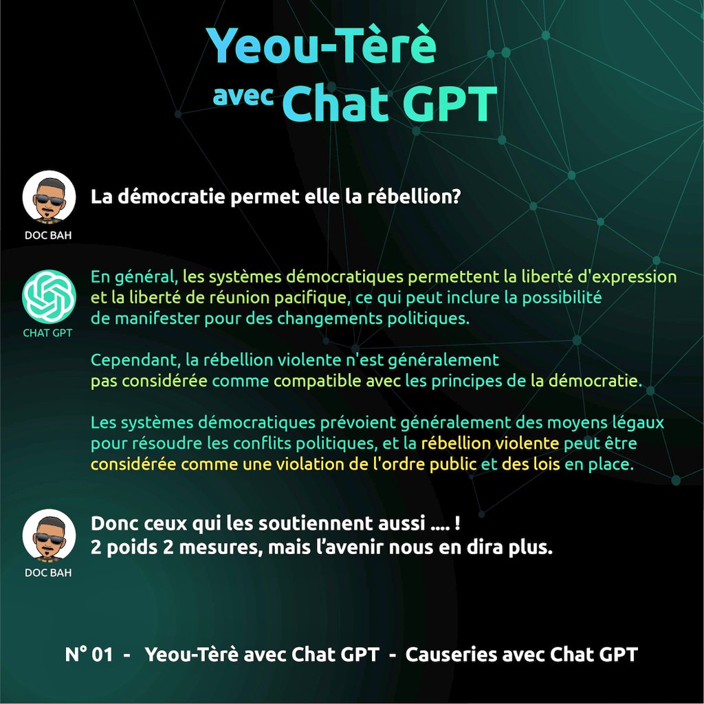 docbah's tweet photo. 🆕🔥💬 Yeou-tèrè avec Chat GPT
✅ N°01 : Démocratie
#docbah #Mali #ChatGPT @PresidenceMali @GoitaAssimi @AbdoulayeDiop8 @Colonel_Maiga https://t.co/5KnXiOFTJM