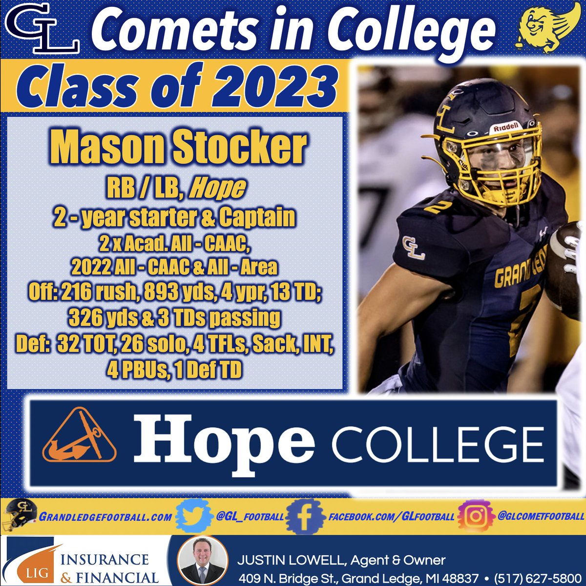5 members of the class of 2023 made it official last night to play CFB! We will be sharing a post about each of them today.

Mason Stocker will be playing at <a href="/HopeCollege/">Hope College</a> in Holland, MI this fall. Mason is the 3rd GL Football player to play for Hope:...(1/3)