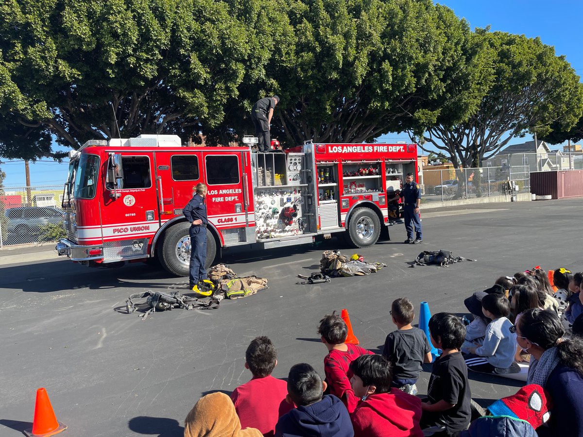LAFD Central firefighters from Engine 13 in Pico-Union/Koreatown recently visited Magnolia Avenue Elementary School. Fun was had by all, and the kids learned a lot about fire safety.