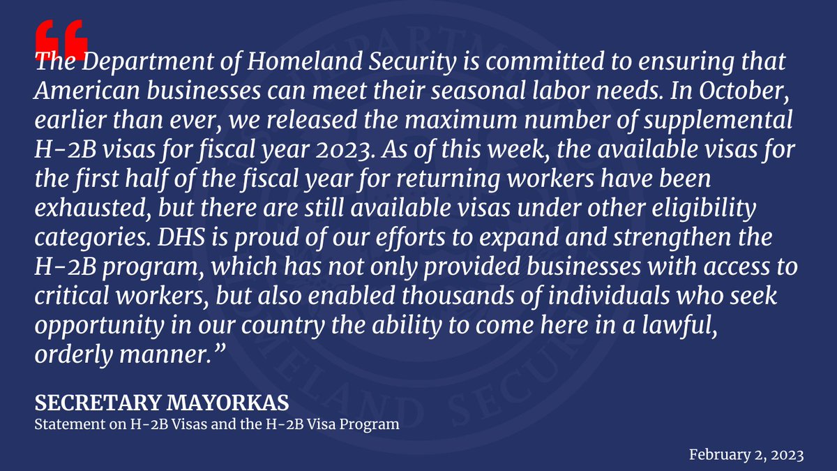 SecMayorkas's tweet photo. The Department of Homeland Security is committed to ensuring that American businesses can meet their seasonal labor needs. 

My full statement on the H-2B visa program⬇️ 

https://t.co/msVXSt4Ra6 https://t.co/LmJVYMuJVk