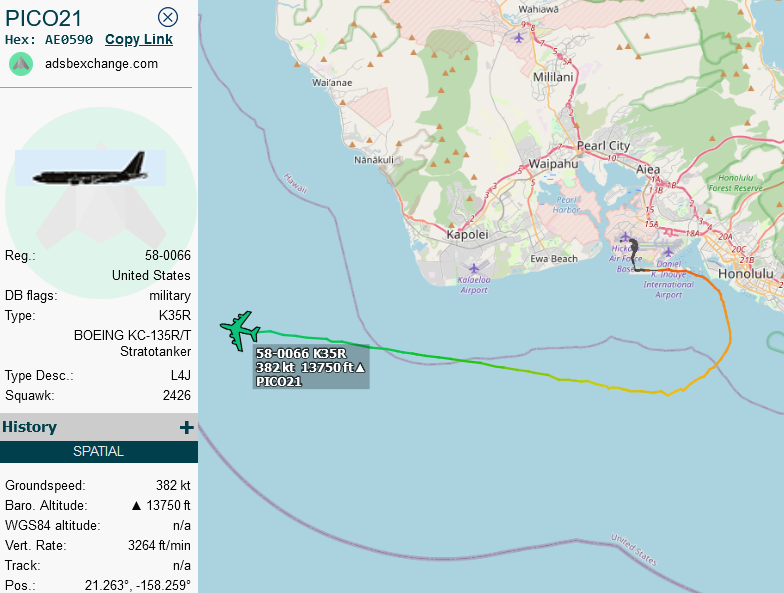 SirListenalot's tweet photo. 2000z #KC135 #AE0590 as #PICO21 departed Honolulu for AR with #B1 Bone #YELL11 (spelling?). B1 #YELL12 (sp?) landed at Honolulu 2016z. https://t.co/afNa89ExPu