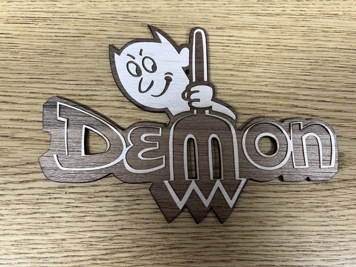Arch_YISD's tweet photo. A wood engraved logo for my student’s dad’s car. A dodge challenger demon😁. Nice engraving job RJ!! @OurCareerCenter https://t.co/wjgxGuWvJd