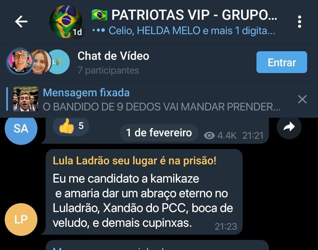 pesquisas_elige's tweet image. 🚨URGENTE: Com quase 10 mil seguidores, o grupo no Telegram "PATRIOTAS VIP" articula o assassinato de Lula e Alexandre de Moraes, além de mobilizar os apoiadores de Jair Bolsonaro a fazer novas manifestações golpistas ao redor do país. Isso pode, @FlavioDino, @alexandre??🤬🤔