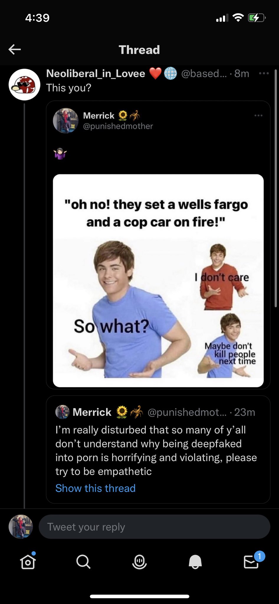 Merrick (Inactive. follow @punishednsfw) on X: Hahahahaha yeah man Im a  hypocrite about deepfake porn and sexually violating people …because I  dont care about property damage to a bank or cop cars….? ?? ????