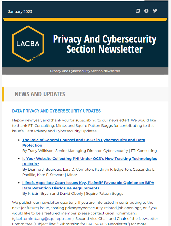 LACBA_Privacy's tweet photo. View the January issue of the Privacy and Cybersecurity Newsletter here:
https://t.co/iY3yvyIkAb https://t.co/XaYcpVgrXi