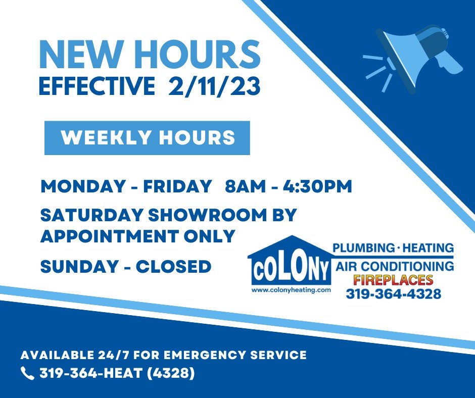 New Business Hours effective Feb. 11th, 2023. 🕒

Please give us a call to schedule a Free Estimate for your New Fireplace, Furnace &amp; AC. We are available 24/7 for Emergency Service.

"Call the Guys You Can Trust"  319-364-HEAT (4328)  🔥📲