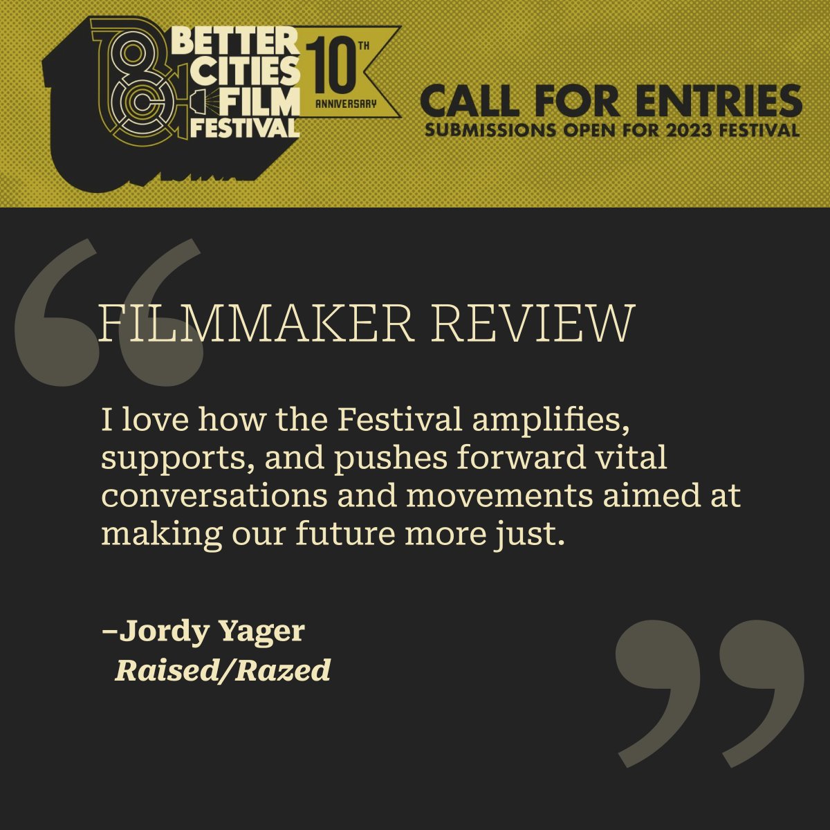 BetterCitiesFF's tweet photo. Filmmaker review: "I love how the festival amplifies, supports, and pushes forward vital conversations and movements aimed at making our future more just." Thank you #JordyYager for bringing your voice and movement to #BCFF2022 https://t.co/oGt0tIyJP4