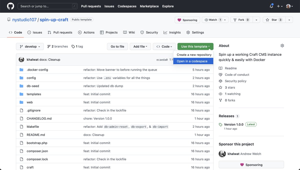ben_pylo's tweet image. Stellar work by @nystudio107 🎉 
Using GitHub Codespaces, you can now spin up a #CraftCMS site with the click of a button and be editing templates in the browser within seconds!! 
H/t @ransomroberson