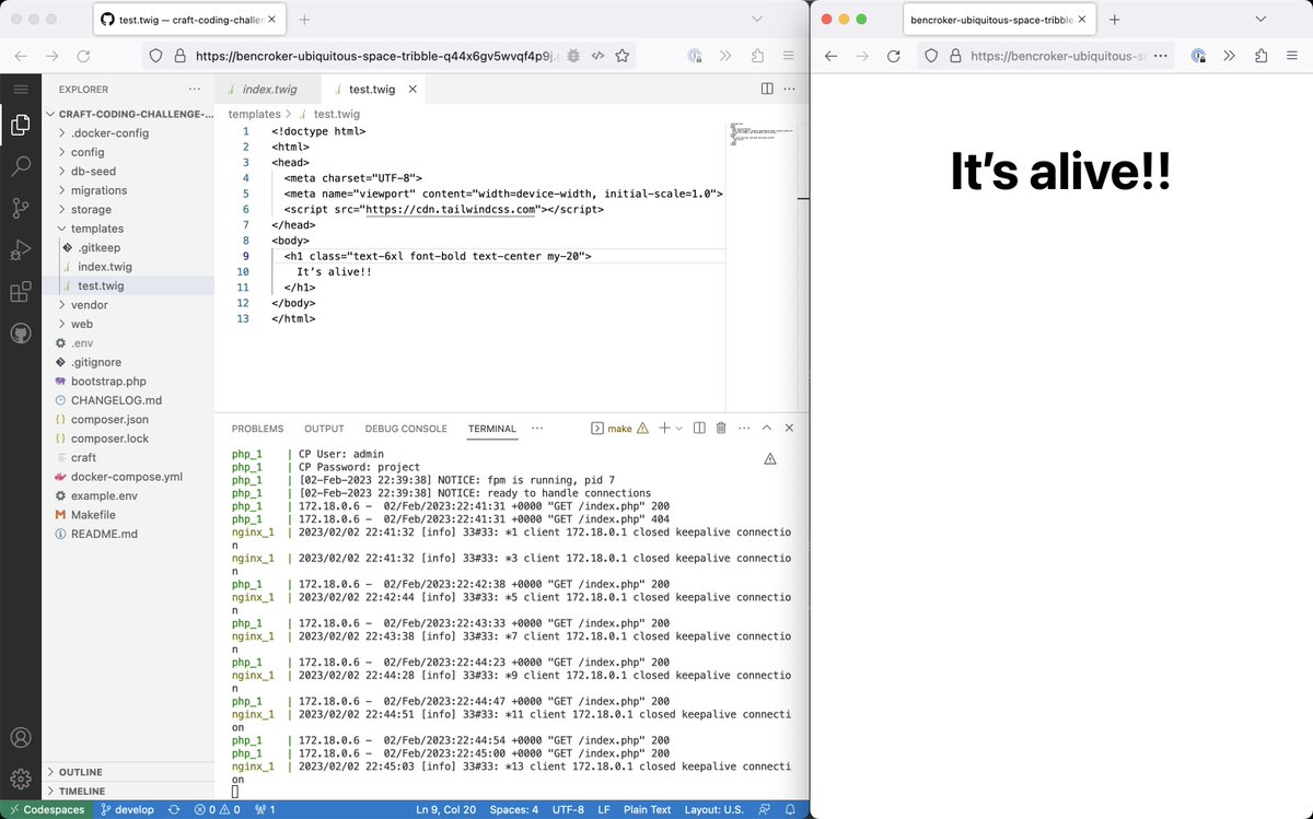 ben_pylo's tweet image. Stellar work by @nystudio107 🎉 
Using GitHub Codespaces, you can now spin up a #CraftCMS site with the click of a button and be editing templates in the browser within seconds!! 
H/t @ransomroberson