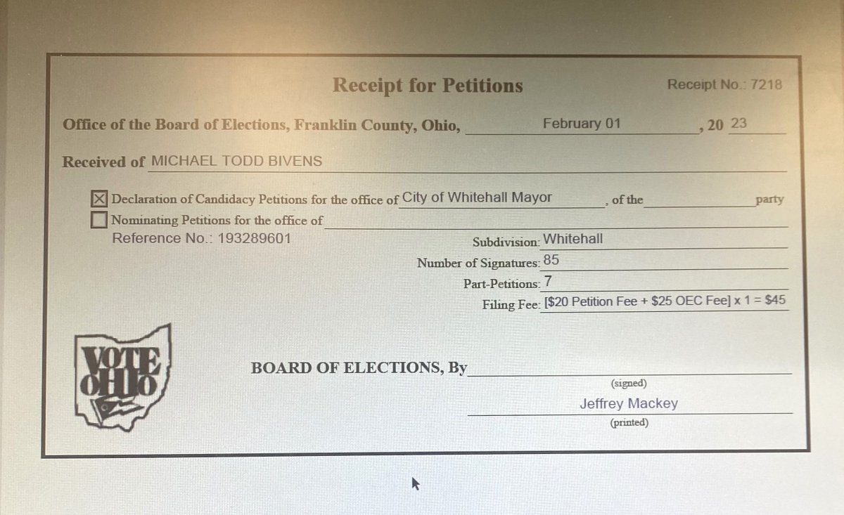 MBivens4Mayor's tweet photo. Yesterday I filed my petitions to run for Whitehall City Mayor with members of the #ForwardTogetherWhitehall campaign slate. I'm excited about our future in Whitehall and I hope you will join me on this journey. #ForwardTogetherWhitehall #WhitehallOhio https://t.co/wrpIh8vvNv