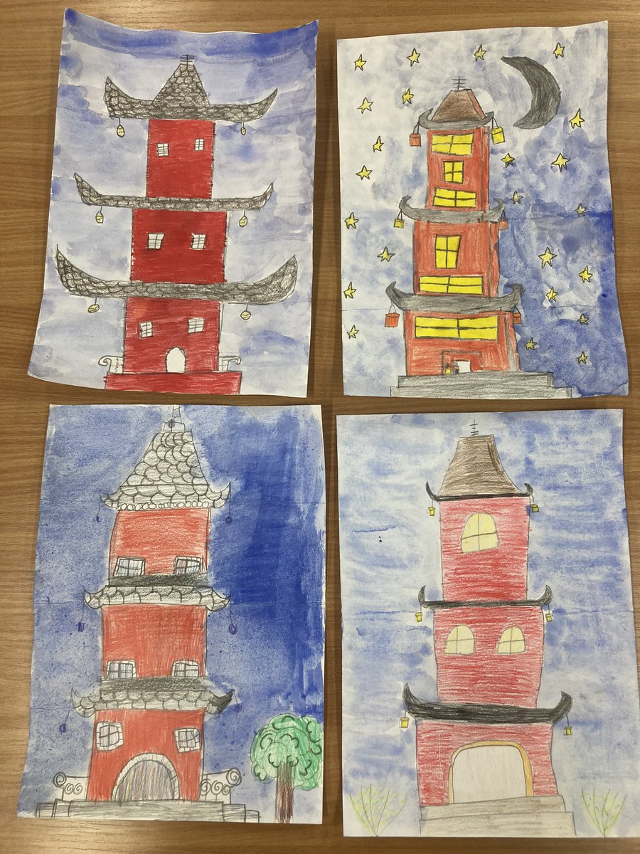 Primary 4 have drawn their own pagodas using a grid to help them think about size and proportion. We looked at photographs to observe shapes and colours in the buildings. Today they carefully added a blue wash for the background - great work P4! <a href="/MissMorrisCPS/">Primary6B</a>, <a href="/MrsFletcherCPS/">Primary 4A</a>