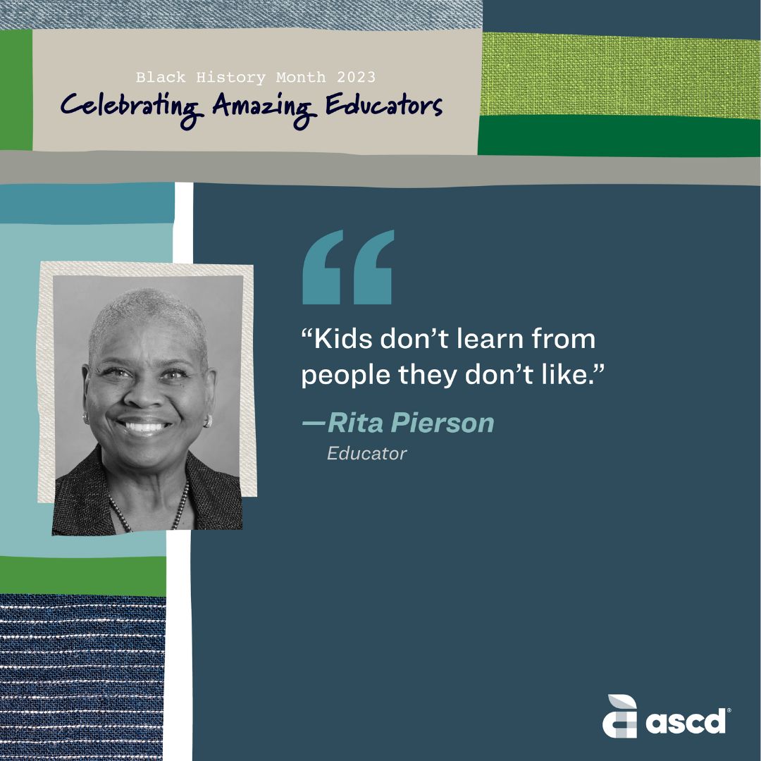 For her inspirational “Every Kid Needs a Champion" motto: Teacher Rita Pierson advocated that ALL kids be included in our dreams. Follow for the next #BlackHistoryMonth feature! 

#BHM #DEI#EquityandInclusion #WholeChild 

ascd.org/el/articles/ev…