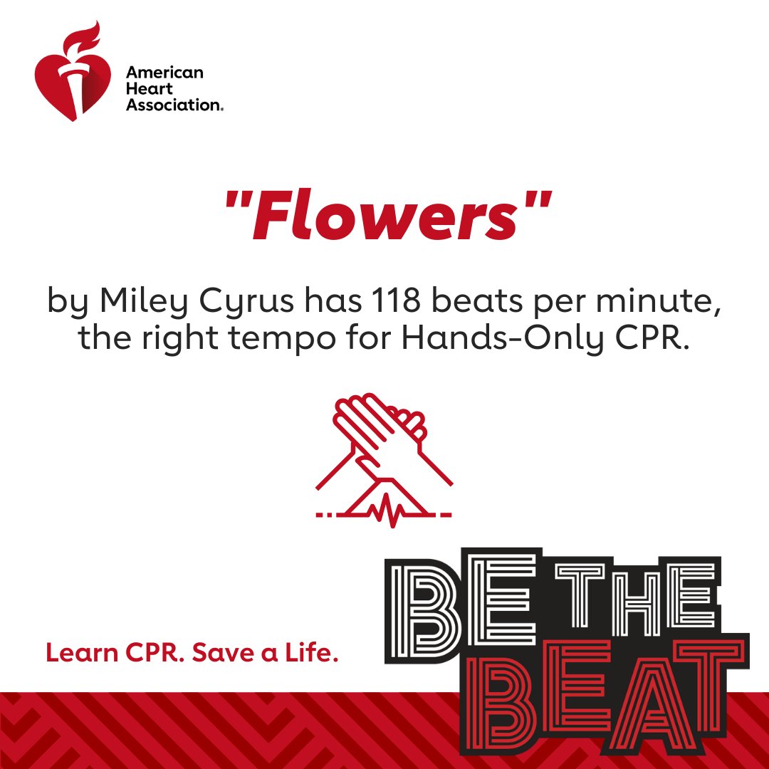 American_Heart's tweet image. You bet you can buy yourself flowers, but you can’t restart your own heart. 😏

So spread the word about the 2 steps to save a life with Hands-Only CPR:
👉 Call 911
👉 Push hard and fast in the center of the chest. The new @MileyCyrus hit can help you keep the beat. #CPRwithHeart