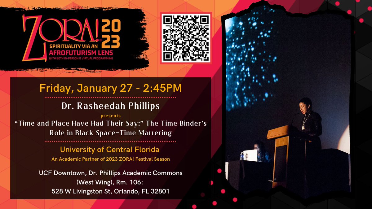 📢 HAPPENING TOMORROW! Rasheeda Phillips, Esq. will be presenting at the Zora 2023! Academic Conference @UCFDowntown. Do not miss this exciting talk! Scan the QR code for the digital program 📱 🤔 Still need to register? You can do so here: zorafestival.org/afrofuturism-c… See you then!