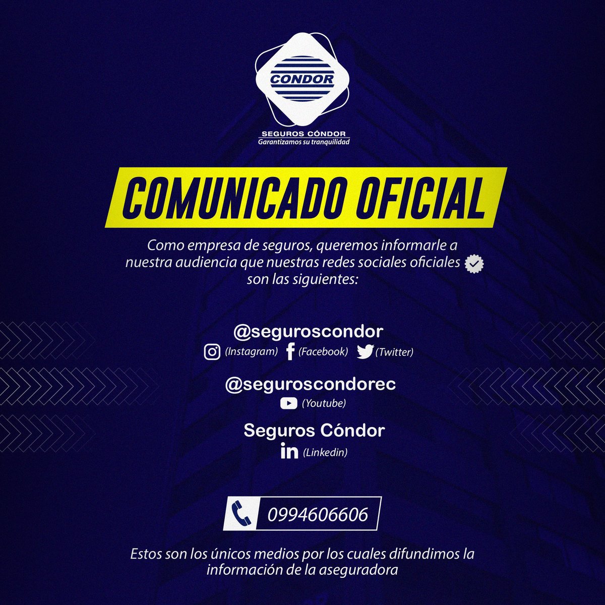 SegurosCondor's tweet photo. Comunicado oficial para nuestra audiencia. 📣🔒✅
#seguroscondor #siemprecerca #seguros #Ecuador https://t.co/gYnEKvggj3