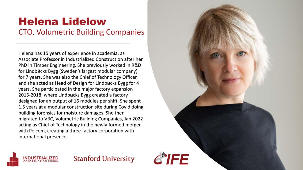 Helena Lidelöw, CTO at Volumetric Building Companies, will join us on February 7th 2023 at the Industrialized Construction Forum.
Read more about her and her work below!