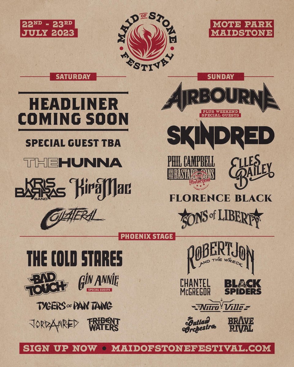 Here's the brand new @maid_of_stone Festival! @Airbourne will be onstage at #MotePark #Kent along with @Skindredmusic @THEHUNNABAND @KrisBarrasBand @PCATBS @KiraMacband @collateralrocks #GinAnnie @Rjandthewreck & more! Tix & info at bit.ly/MaidOfStoneFes…