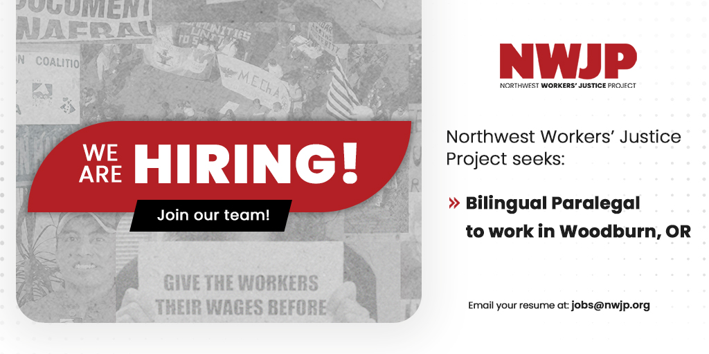 Worker_Justice's tweet photo. We are seeking a paralegal that will work out of Centro de Servicios para Campesinos’ office in Woodburn, Oregon.
Centro has been serving farmworkers, immigrants, and Latino families by providing a variety of immigration integration services.
More info: https://t.co/cJGPUKmCQR https://t.co/or83lyqyHD