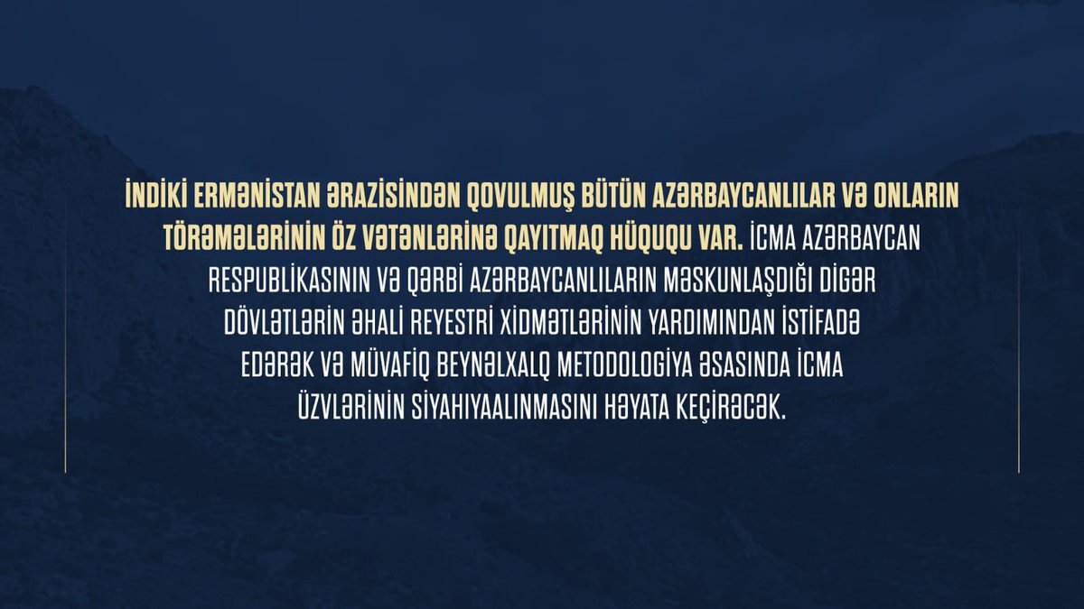 The Concept of Return to Western Azerbaijan generally organizes its impact on the implementation of the Community, preparation and implementation measures for the return of the principals forcibly removed from the territory of current Armenia.