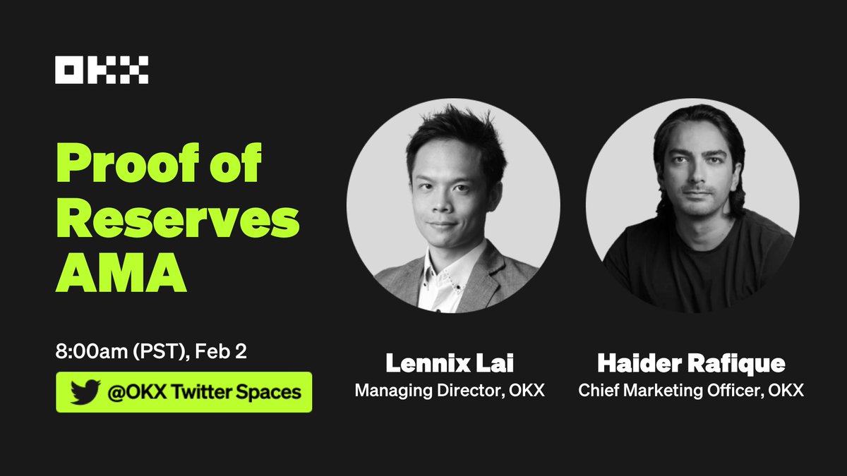 📣 OKX is holding an #AMA to discuss our recently released 3rd monthly #ProofOfReserves audit 📣 

🎙️ Speakers: <a href="/Haider/">Haider</a> &amp; <a href="/LennixOKX/">Lennix Lai</a>
✍️ Live Q&amp;A
🗓️ Feb 2 @ 8am PST

🔔 Set your reminder: x.com/i/spaces/1yNGa…