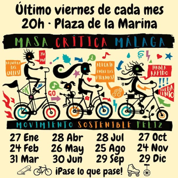 MASA CRÍTICA MÁLAGA. Nuevo encuentro de <a href="/masacriticamlg/">Masa Crítica Málaga🚲🛼🛹🛴</a> <a href="/MasaChikitaMlg/">Masa Chikita Málaga 🚲🛼🛹🛴</a> #Málaga: Reivindicando festivamente una ciudad más amable y sostenible. Reivindicando el uso de la bicicleta como medio de transporte principal en la ciudad.
sumarparamultiplicar.es/events/masa-cr…